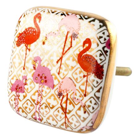 Pink and Gold Flamingo Square Ceramic Dresser Knob